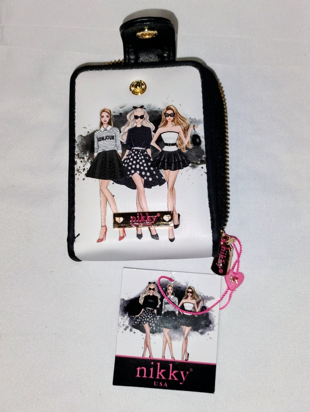 Nikky By Nicole Lee White & Black Graphic Zip Wallet with Fashion Girls